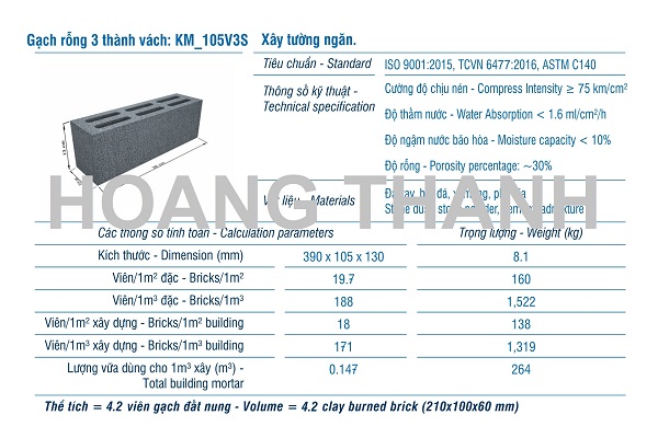 Gạch XMCL cao 130 xây tường rỗng 105mm(3 vách)