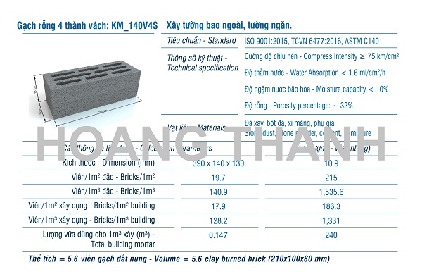 Gạch XMCL cao 130 xây tường rỗng 140mm