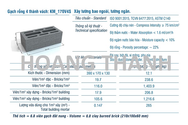 Gạch XMCL cao 130 xây tường rỗng 170mm